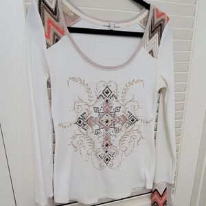 Miss Me Long Sleeve Ivory Embellished Studded Shirt/Top Size Med Waffle Knit